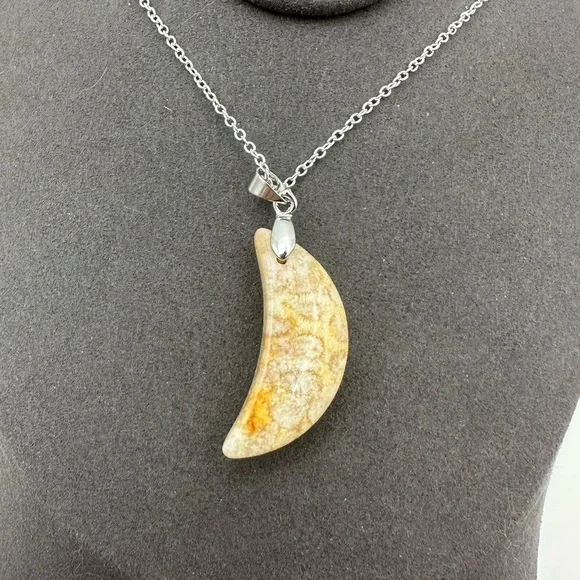 Coral Fossil Jade Crescent Moon Pendant Necklace on Silver Chain - Picture 6 of 6